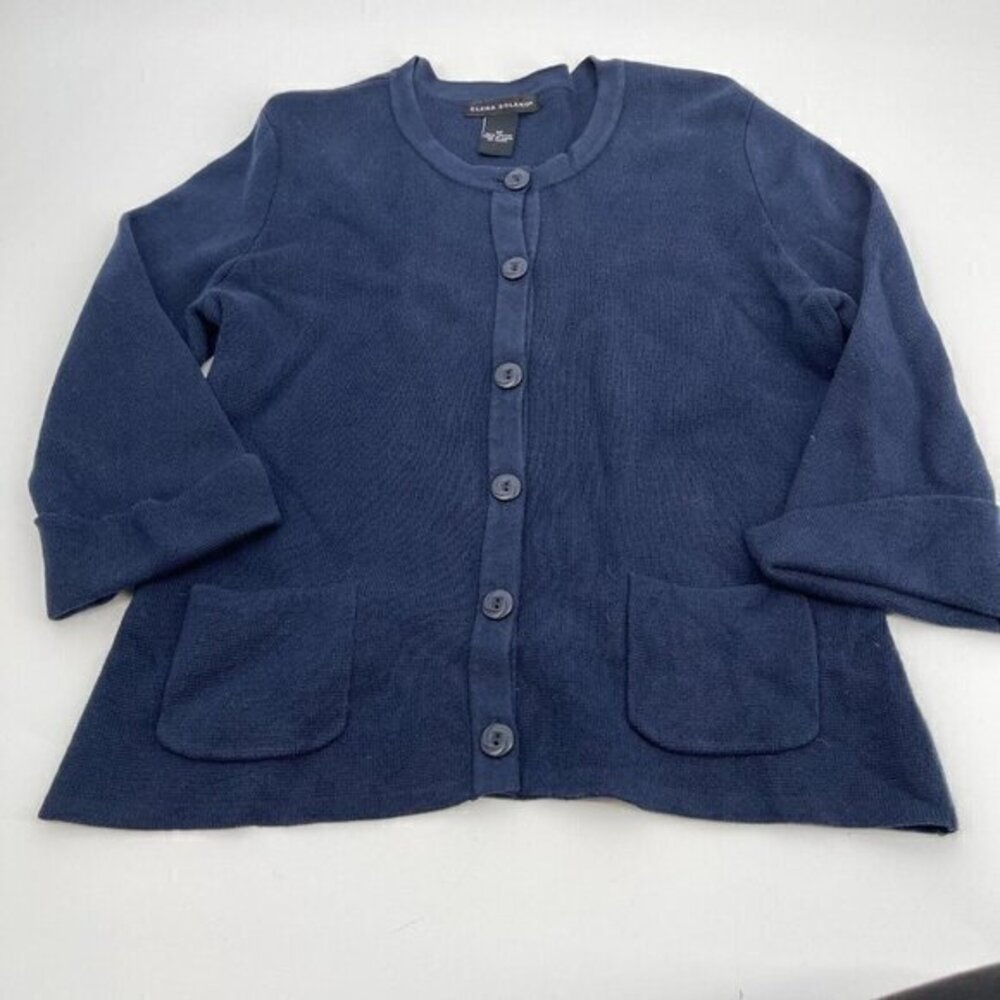Elena Solano Cardigan Sweater M Womens Navy Blue Button Front Casual Pockets